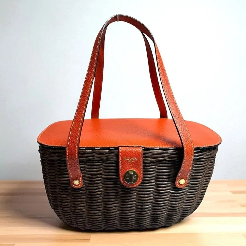 Rare Vintage Kate Spade Henley Basket Bag Orange & Brown Wicker Handbag